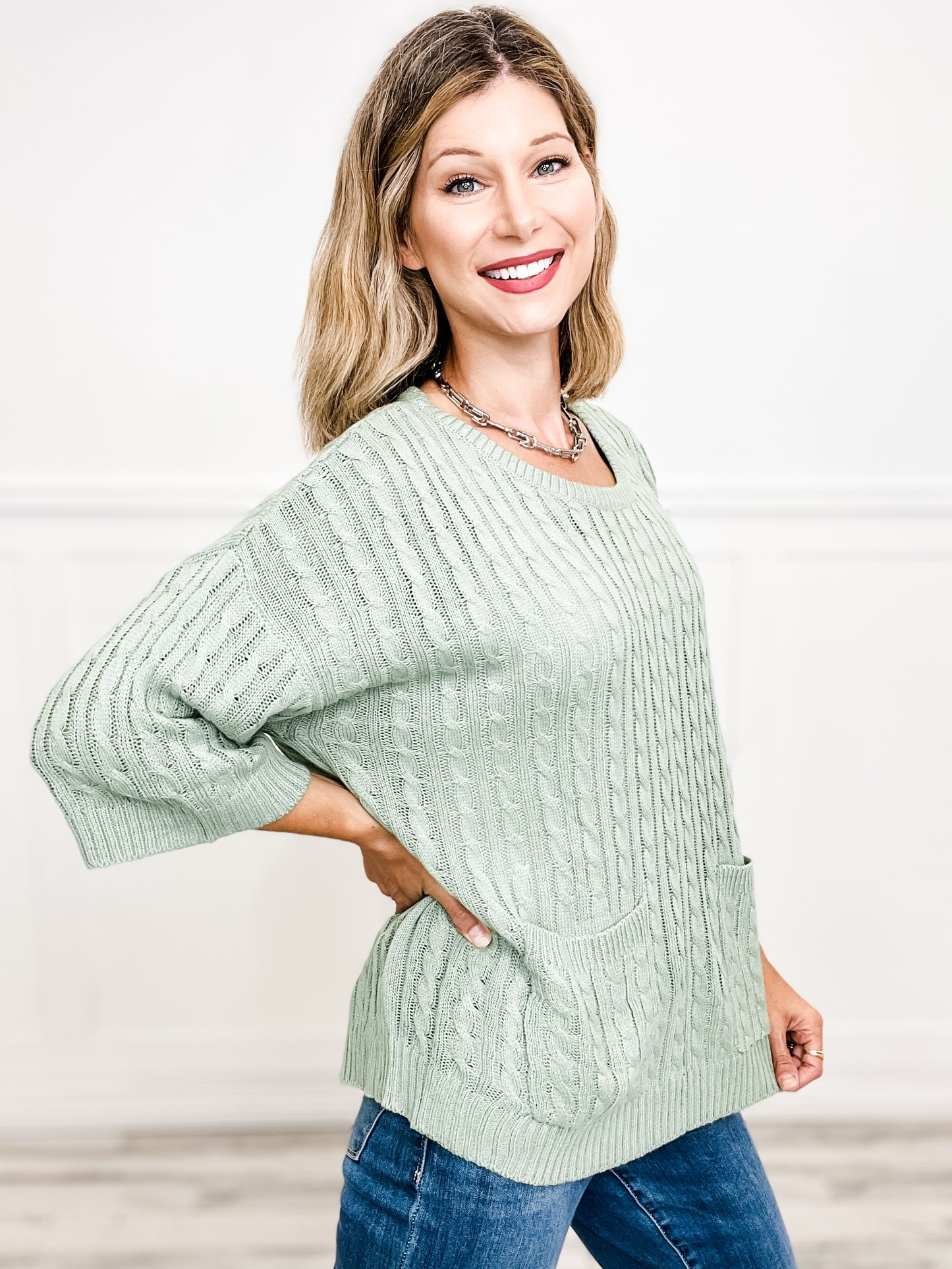 Cable Knit Two Pocket Detail Sweater Top