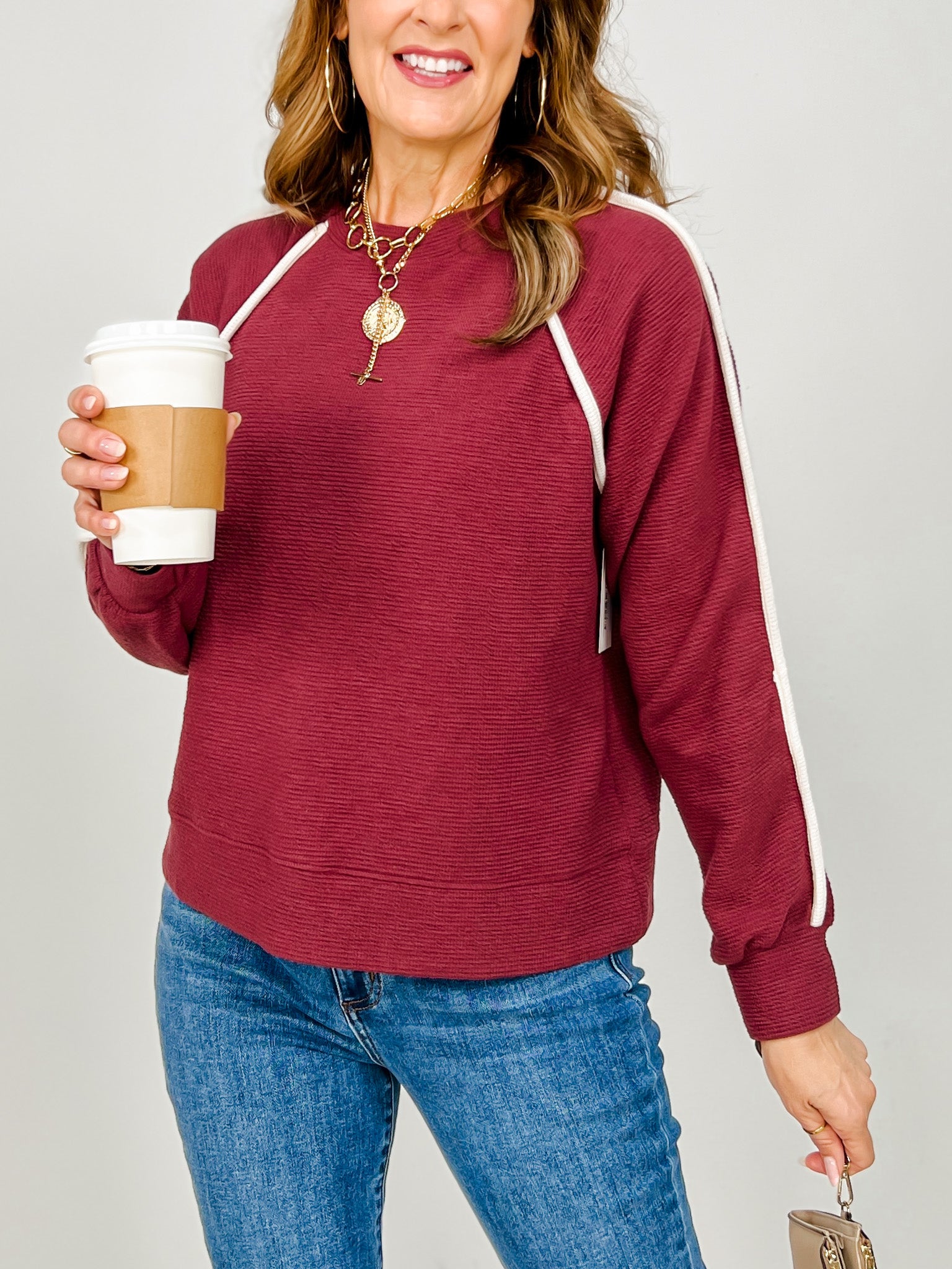 Cloudy Knit Piped Long Sleeve Top