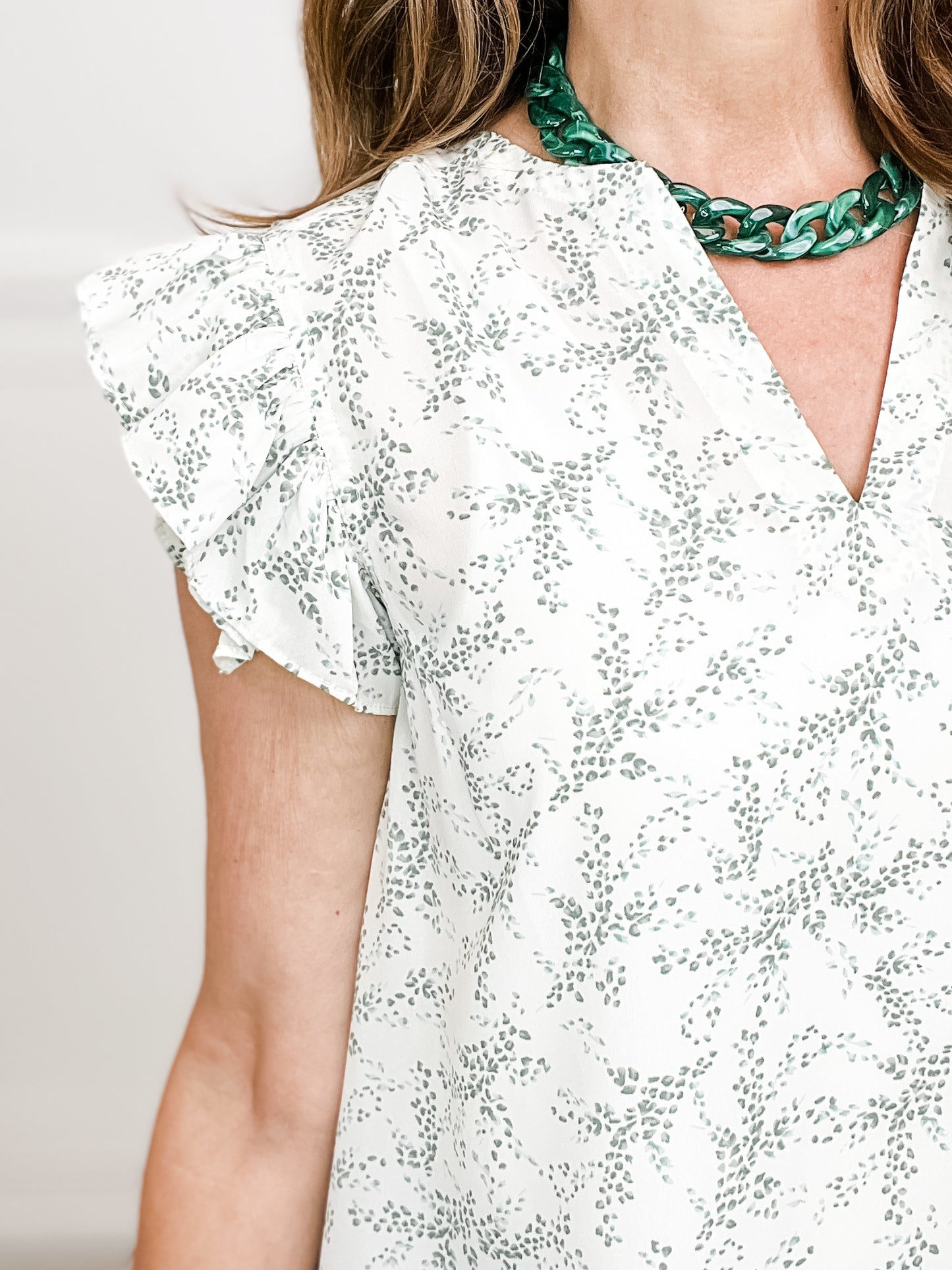 Leaf Print Ruffle Sleeve Top