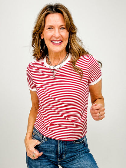 Short Sleeve Striped Contrast Trim Tee - GRP C