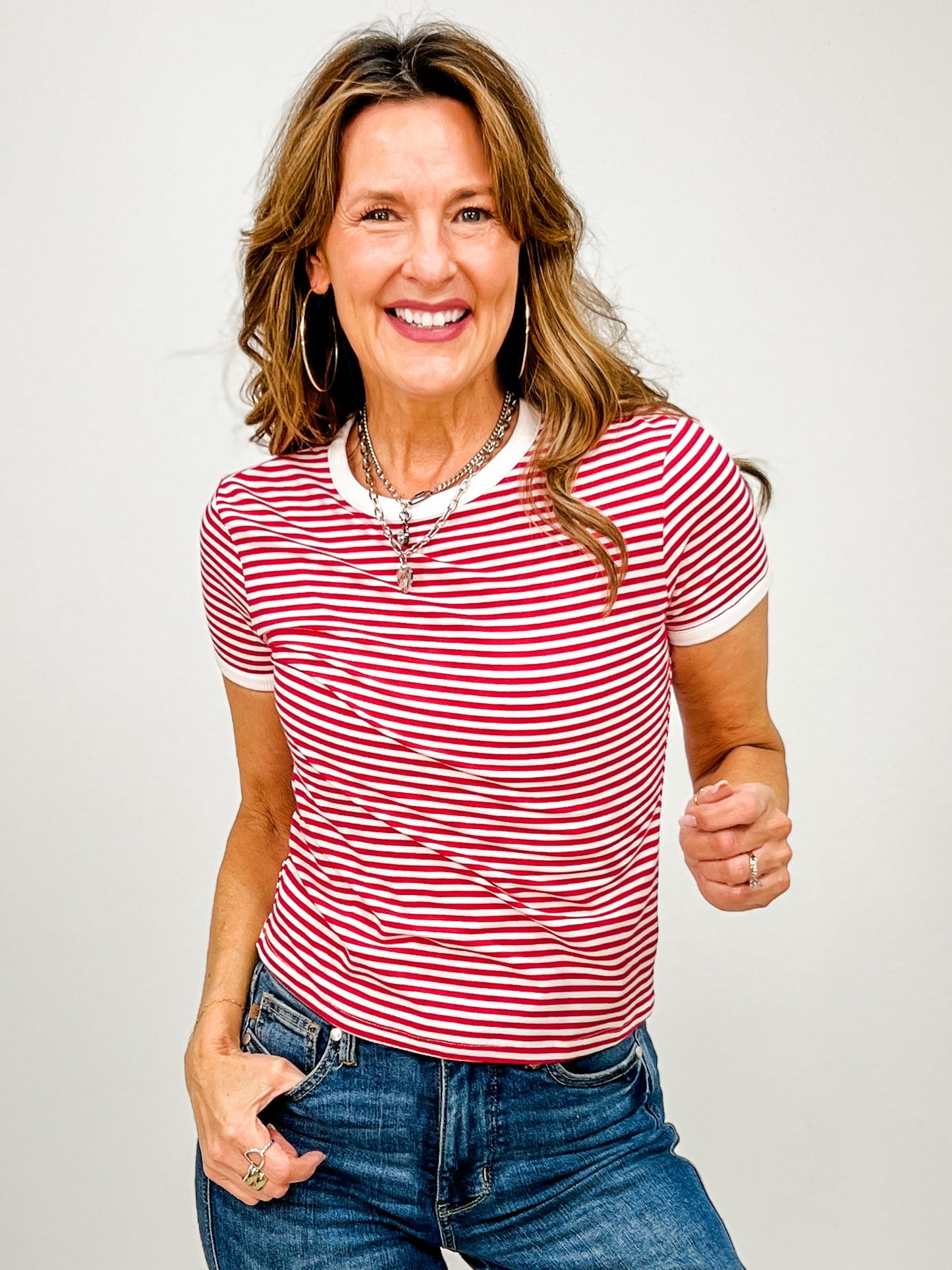 Short Sleeve Striped Contrast Trim Tee - GRP C