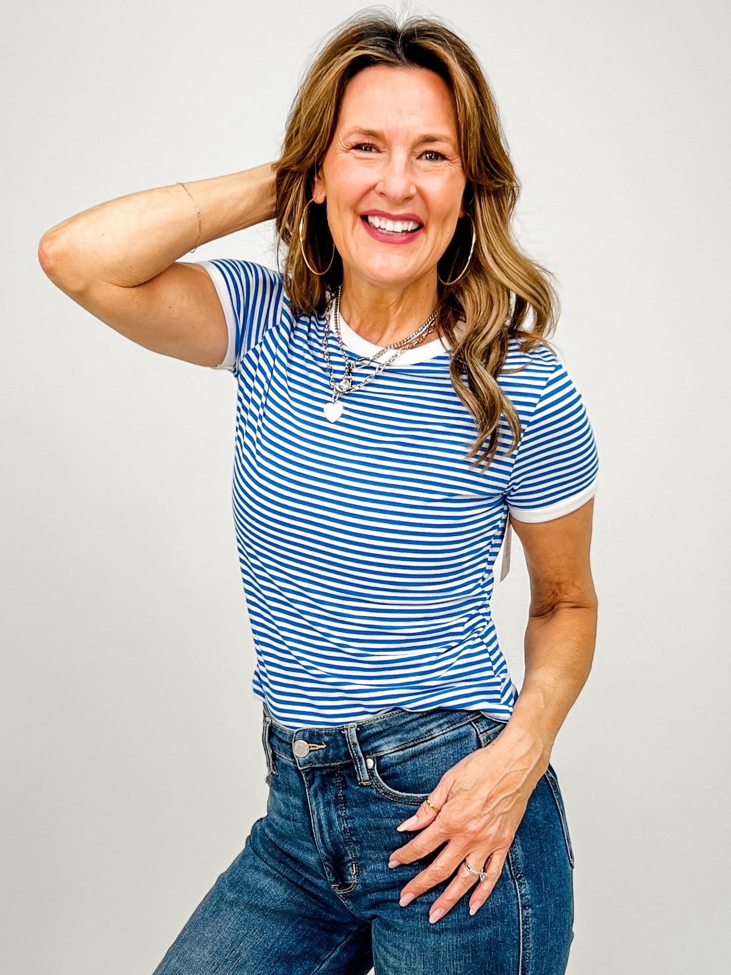 Short Sleeve Striped Contrast Trim Tee - GRP C