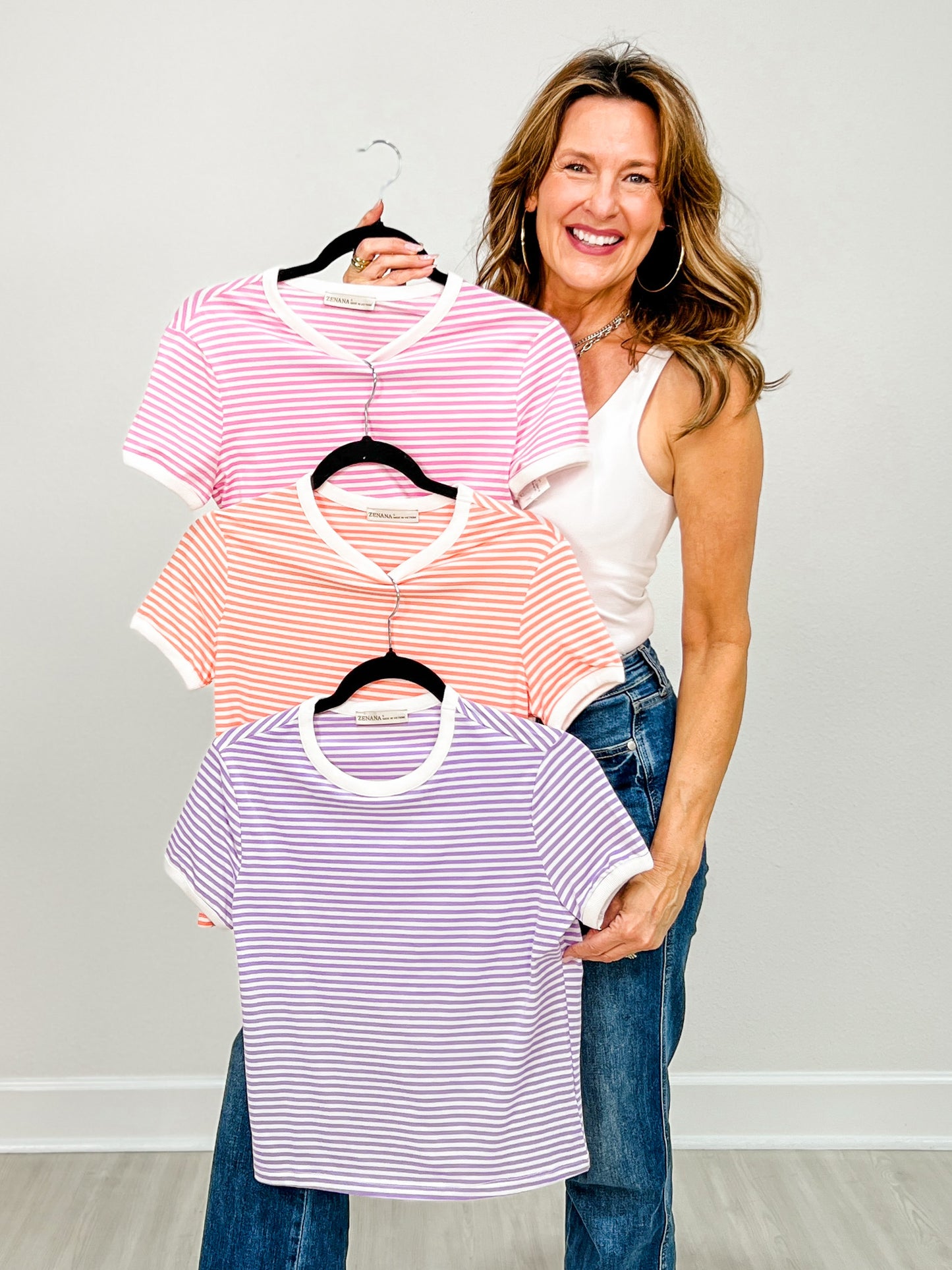 Short Sleeve Striped Contrast Trim Tee - GRP B