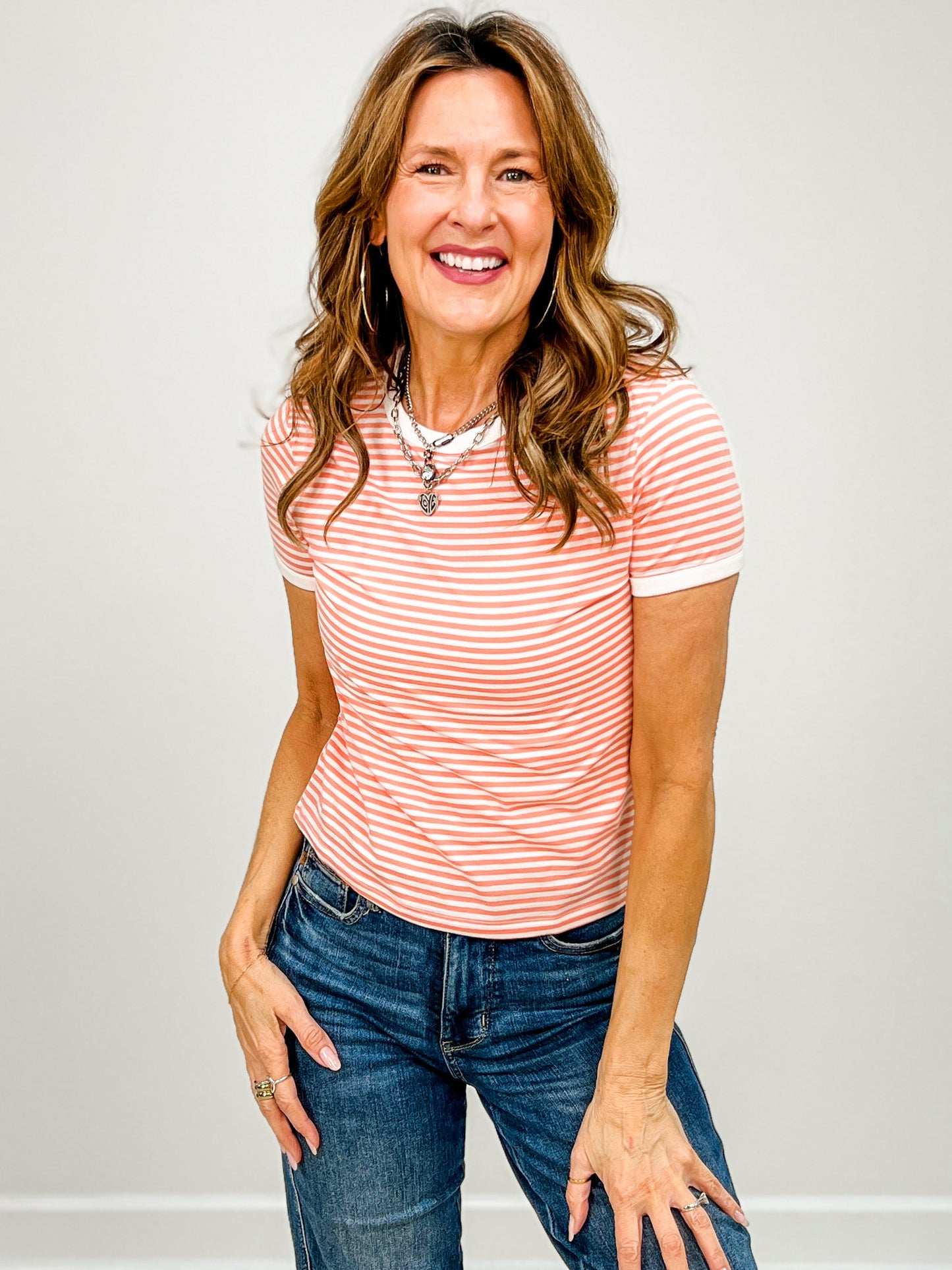 Short Sleeve Striped Contrast Trim Tee - GRP B
