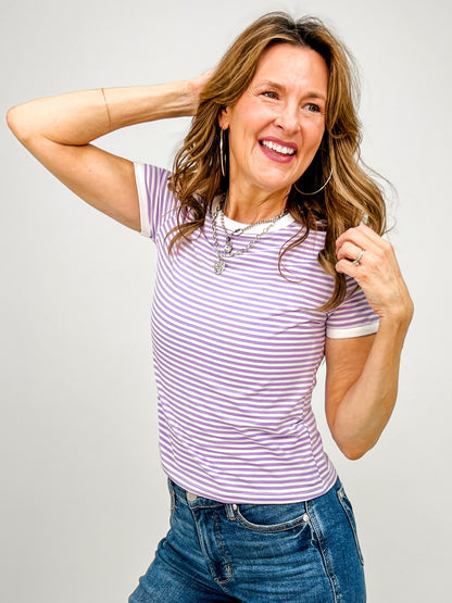 Short Sleeve Striped Contrast Trim Tee - GRP B