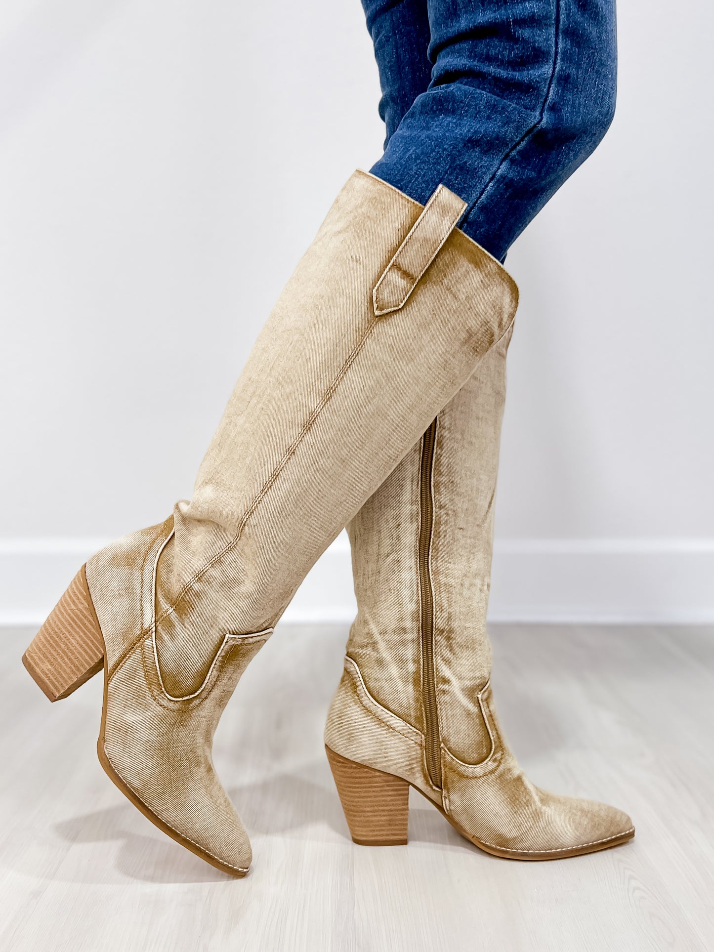 Corkys Talk Is Cheap Western Boots in Washed Beige Denim