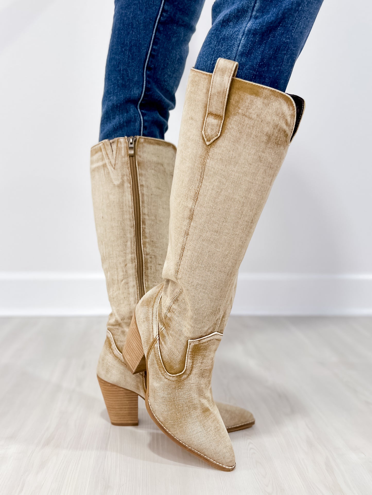 Corkys Talk Is Cheap Western Boots in Washed Beige Denim