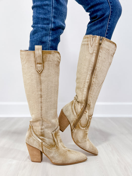 Corkys Talk Is Cheap Western Boots in Washed Beige Denim