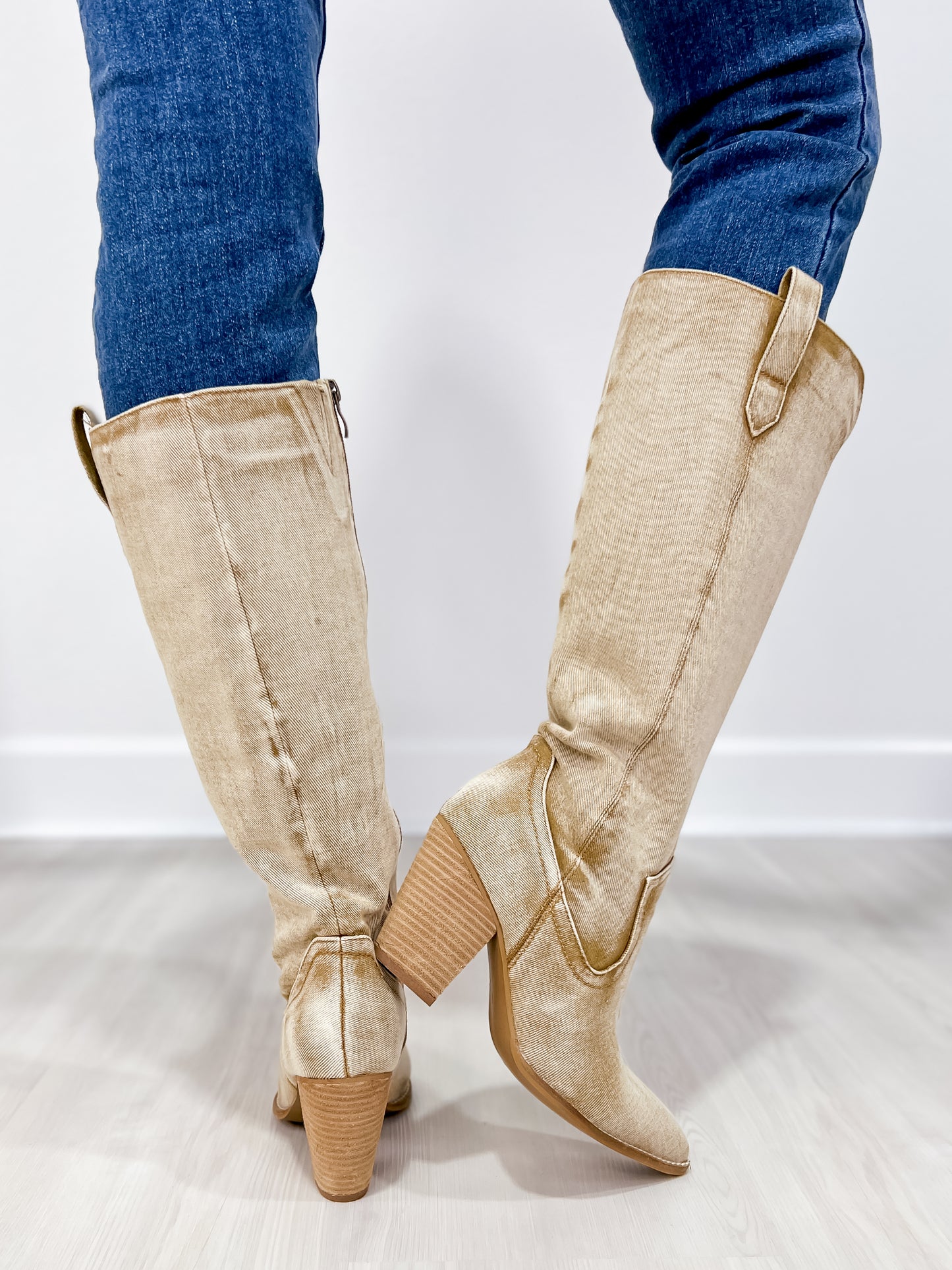 Corkys Talk Is Cheap Western Boots in Washed Beige Denim