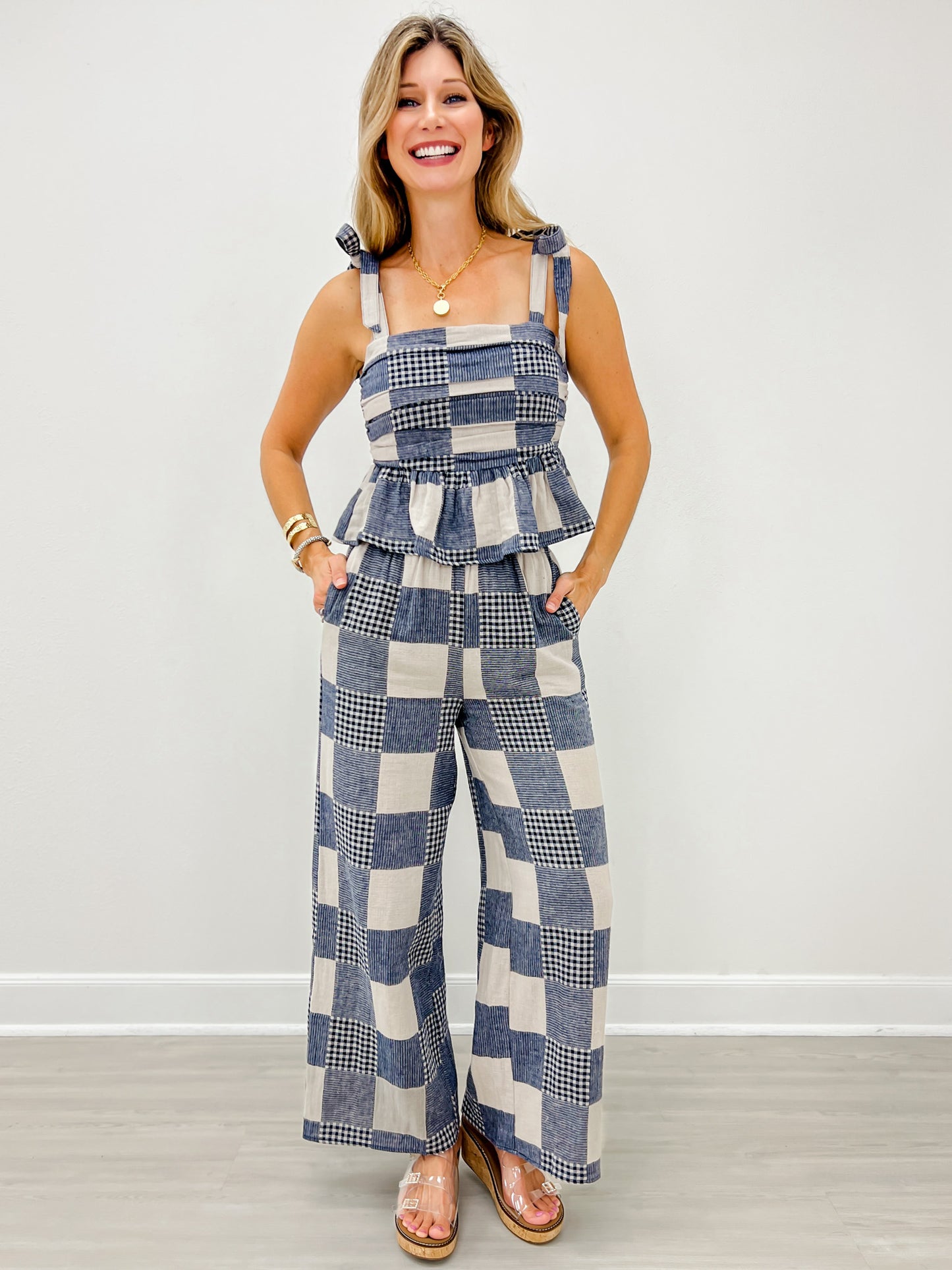 Gingham And Stripe Patch Effect Top and Pants Set