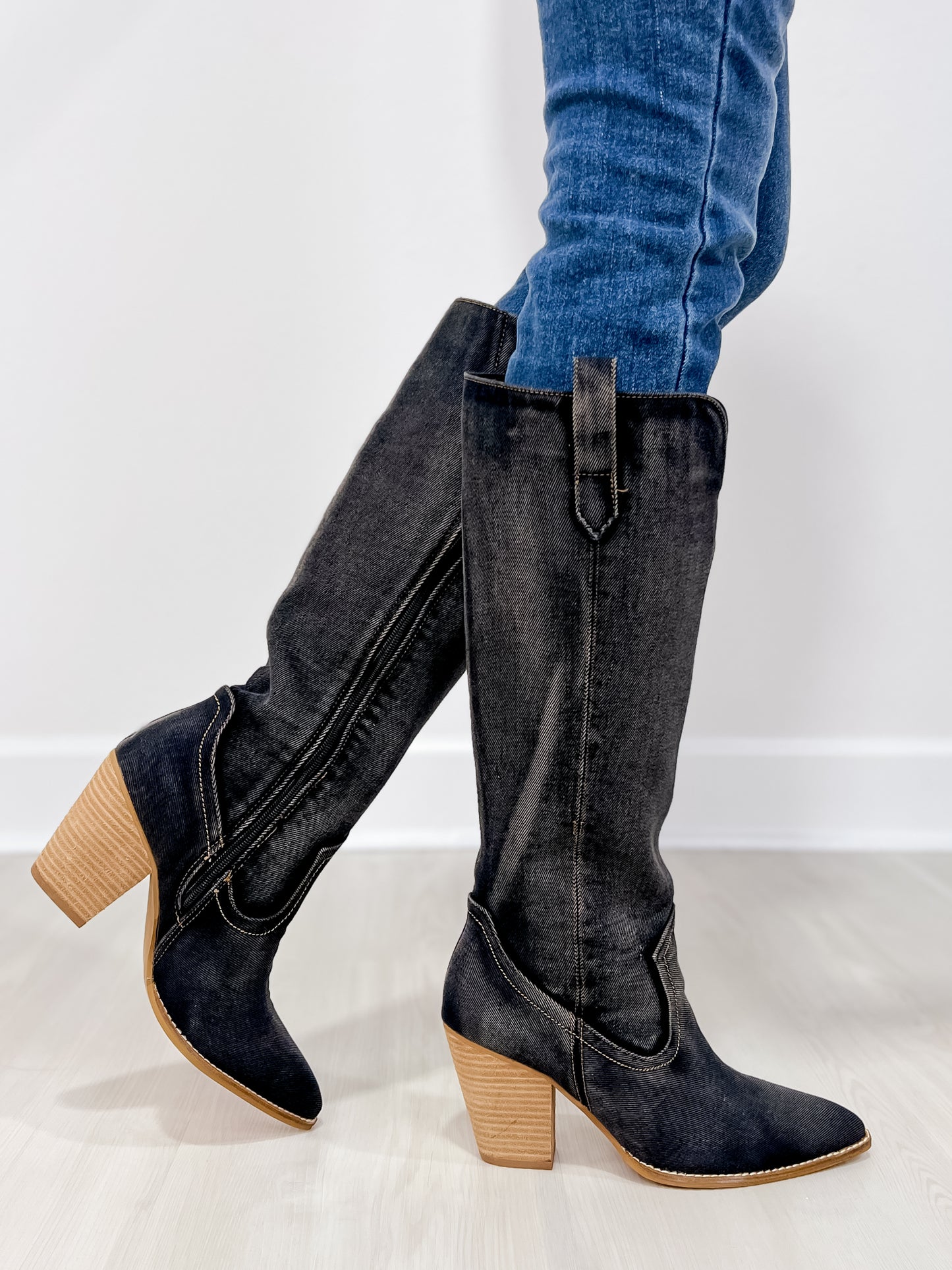 Corkys Talk Is Cheap Western Boots in Washed Dark Blue Denim