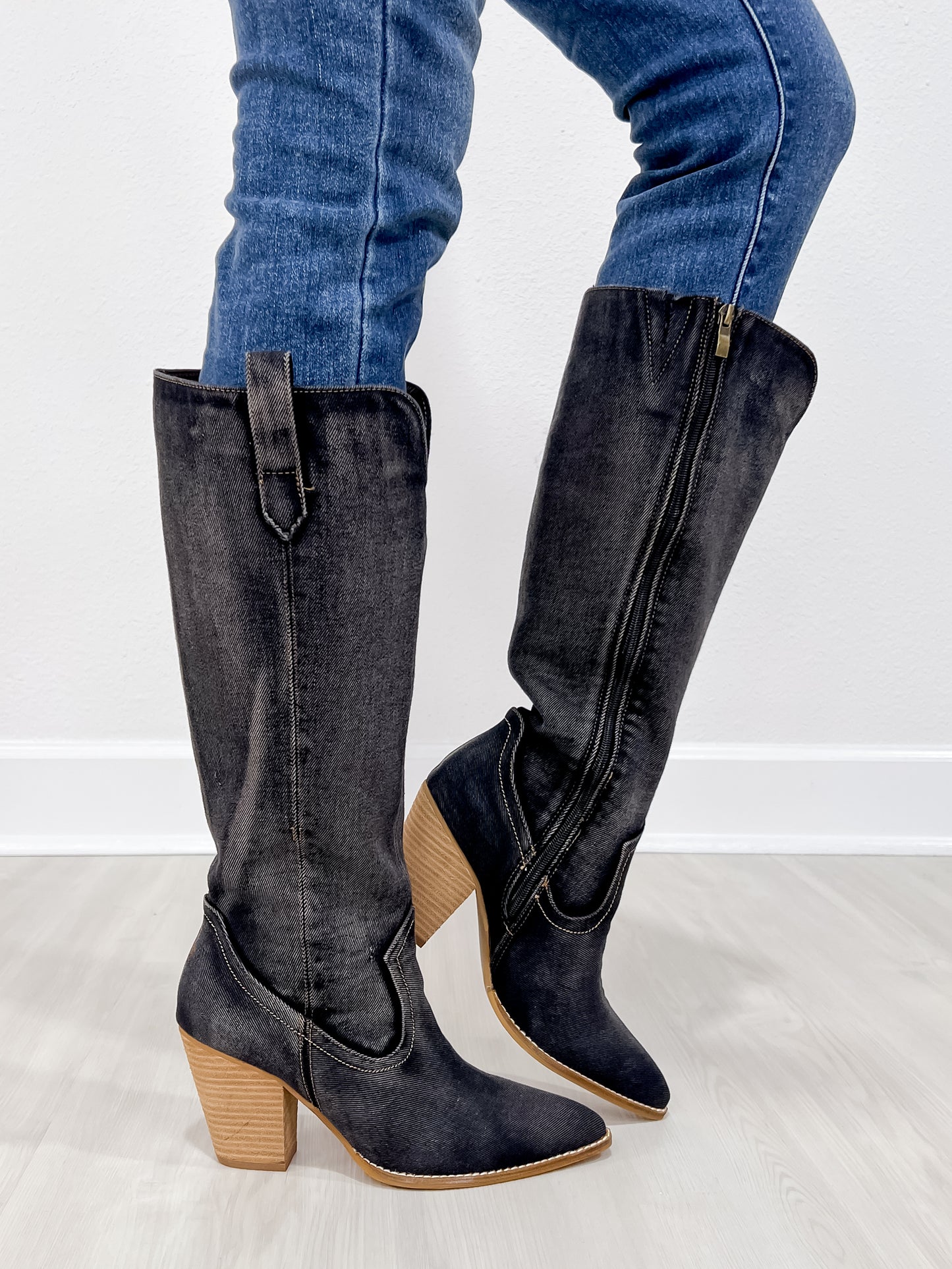 Corkys Talk Is Cheap Western Boots in Washed Dark Blue Denim