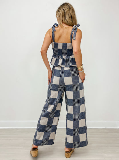 Gingham And Stripe Patch Effect Top and Pants Set