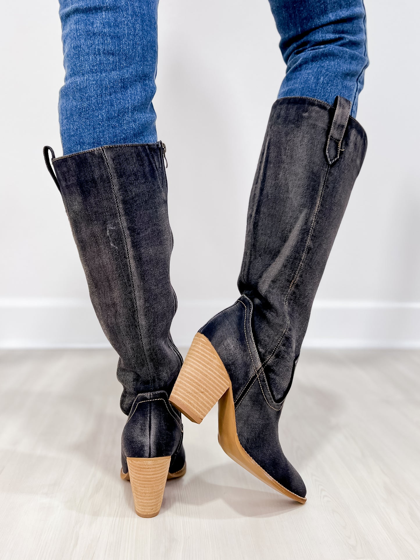 Corkys Talk Is Cheap Western Boots in Washed Dark Blue Denim