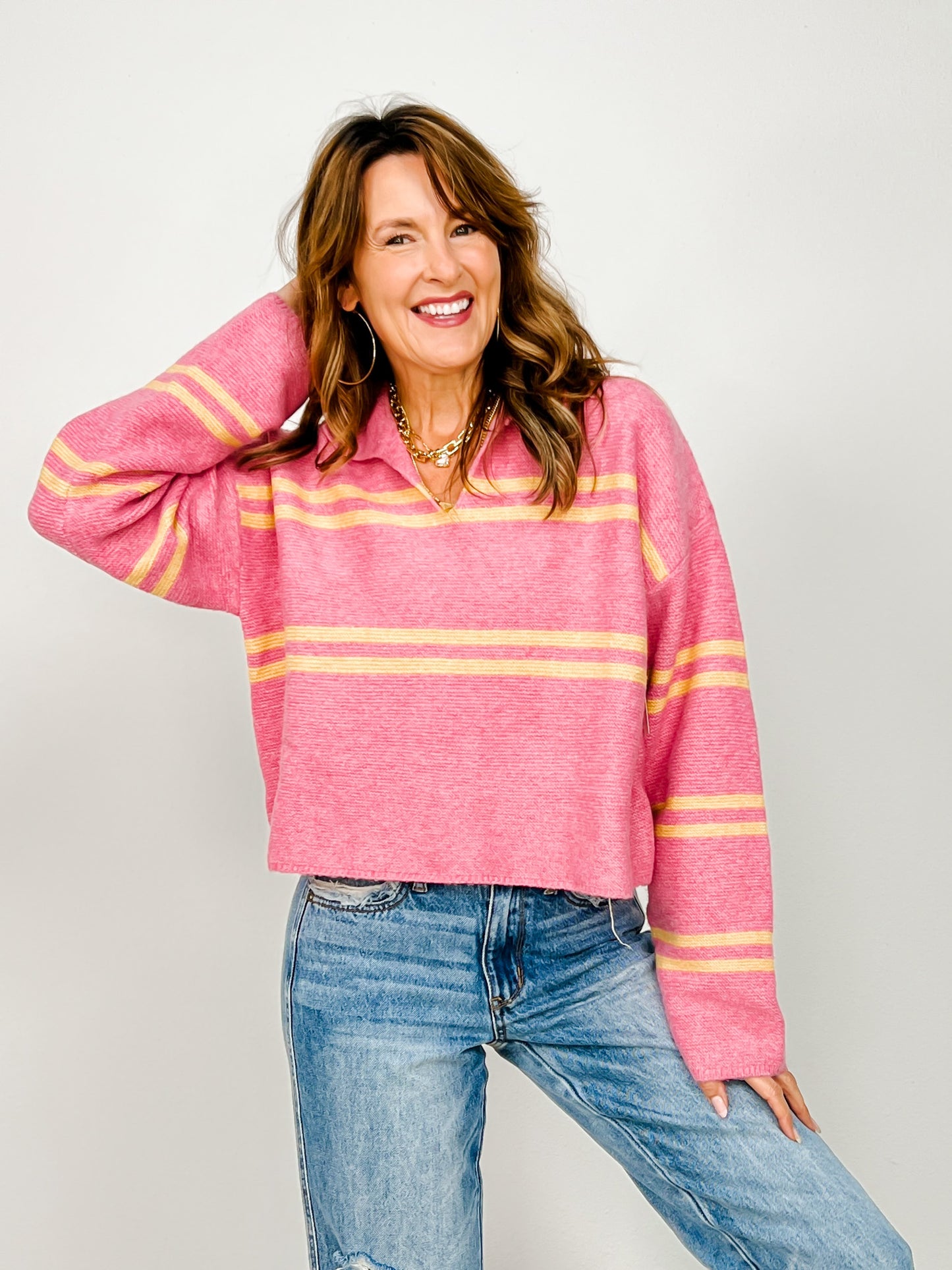 V-Neck collar Stripe Sweater