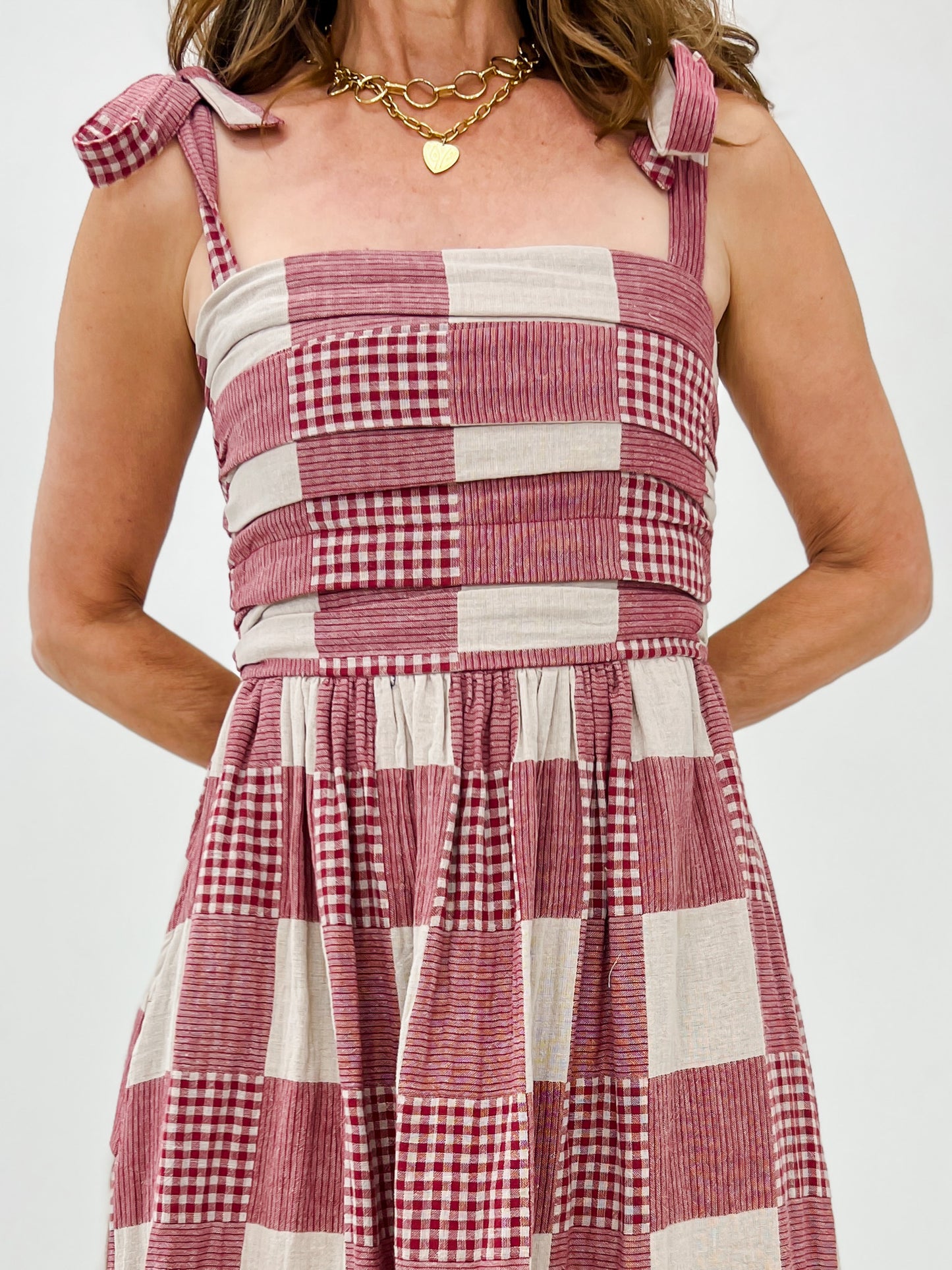 Gingham And Stripe Patch Effect Dress
