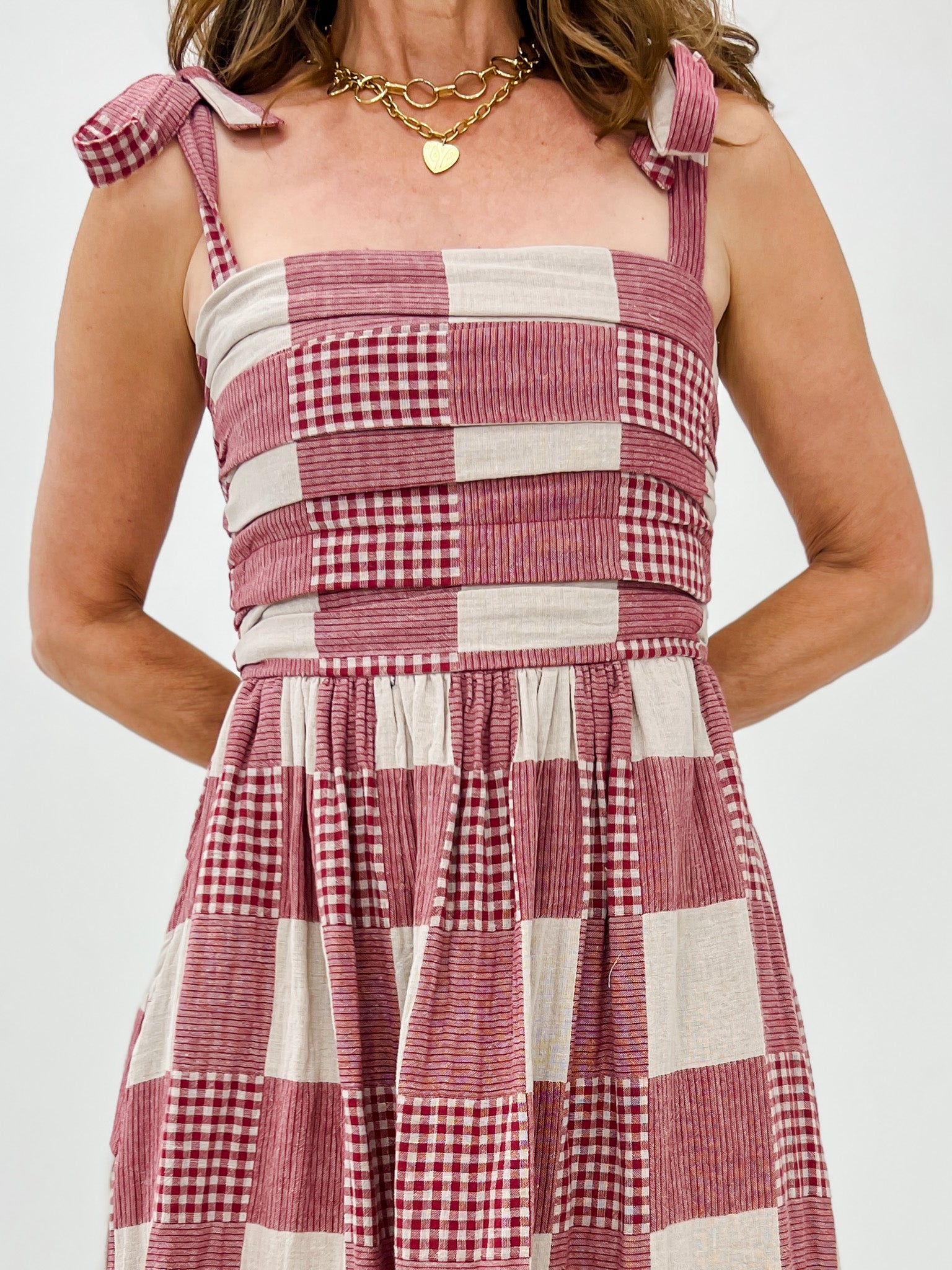 Gingham And Stripe Patch Effect Dress