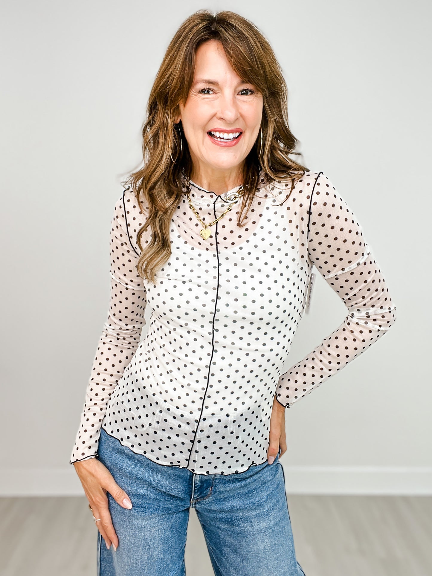 Polka Dot Mesh Turtleneck Top