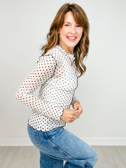 Polka Dot Mesh Turtleneck Top