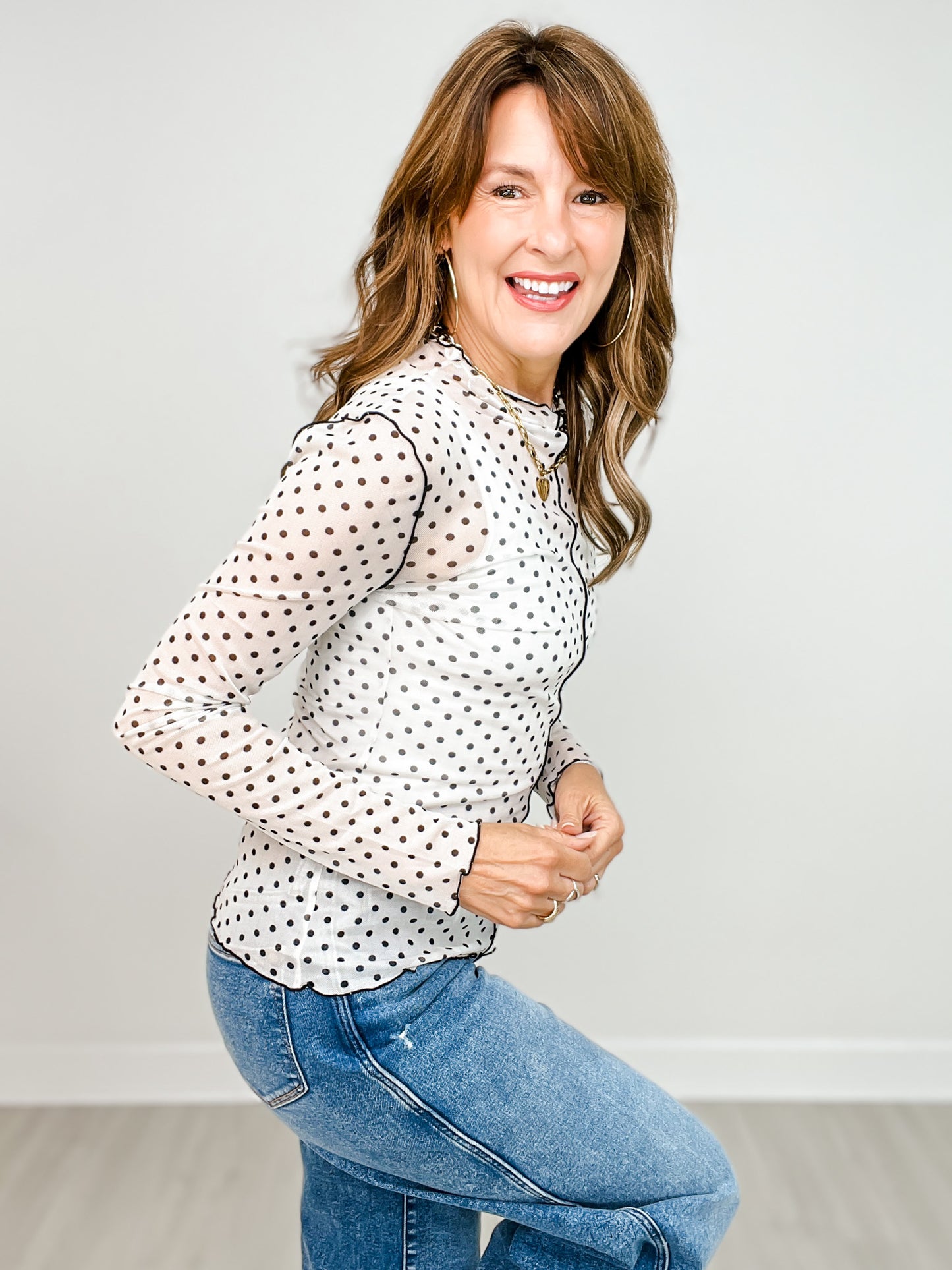 Polka Dot Mesh Turtleneck Top