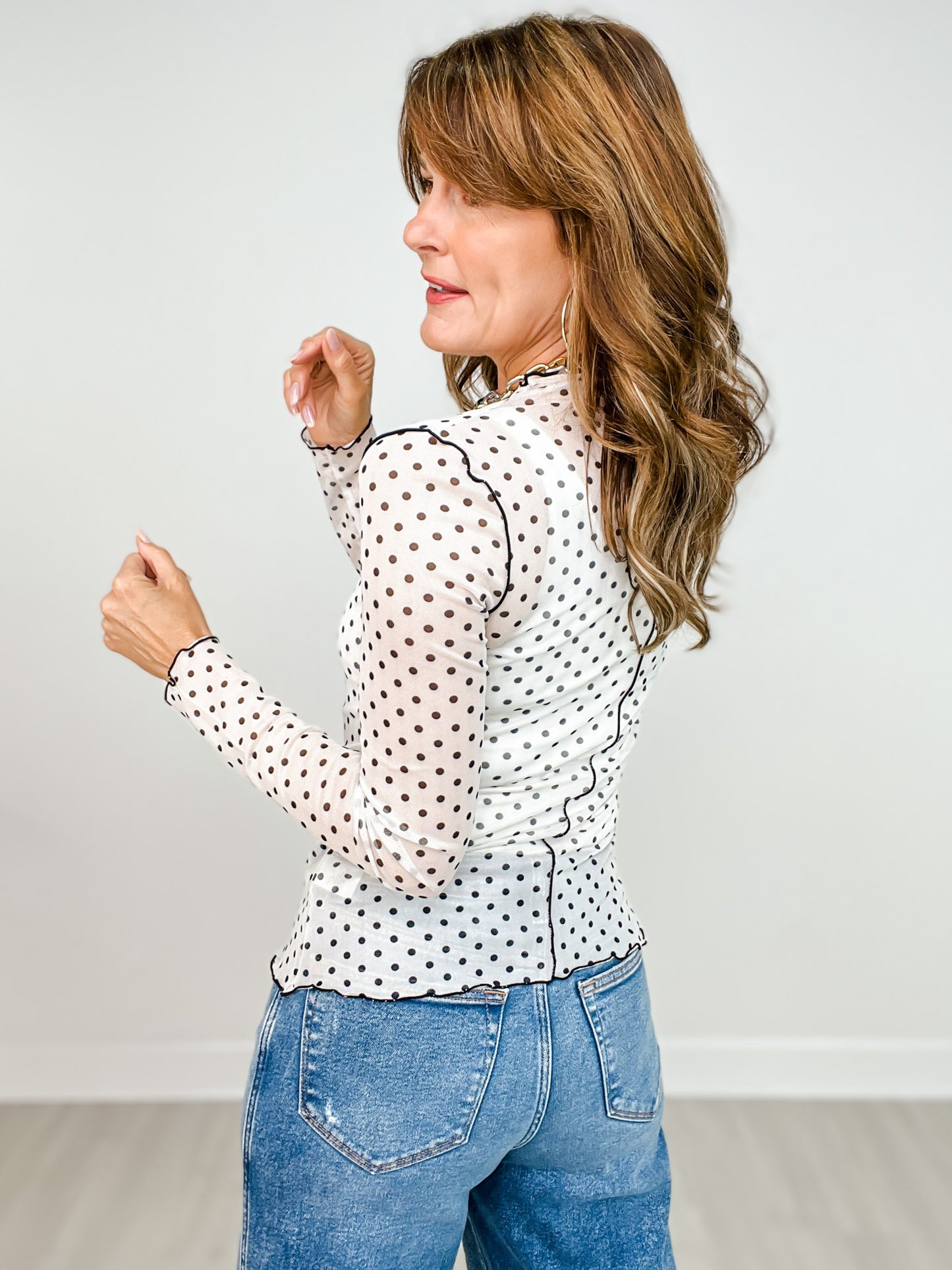 Polka Dot Mesh Turtleneck Top