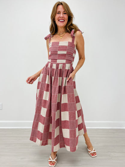 Gingham And Stripe Patch Effect Dress