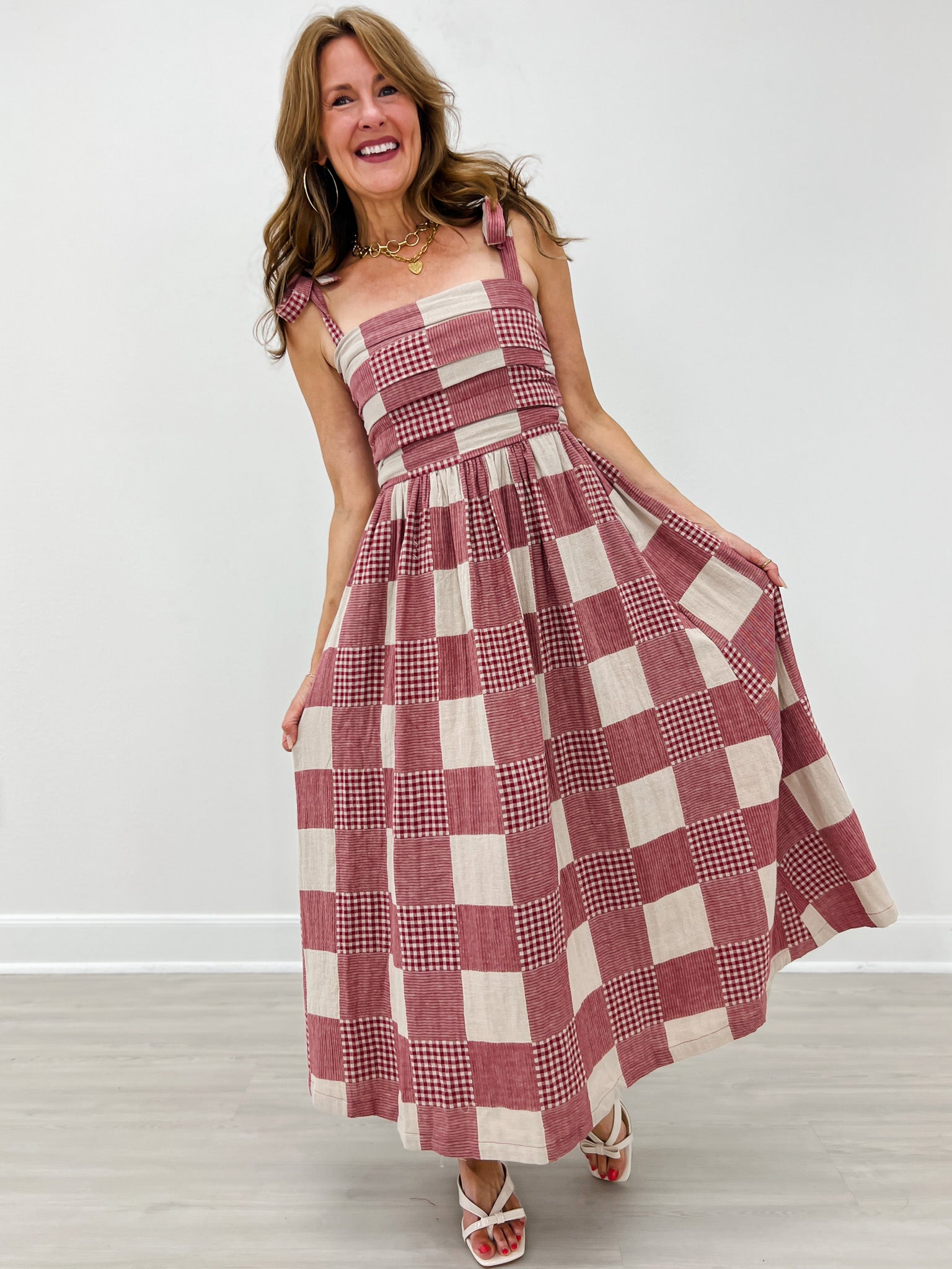Gingham And Stripe Patch Effect Dress