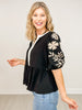 Solid Airflow Peplum Top with Puffed Embroidered 3/4 Sleeve