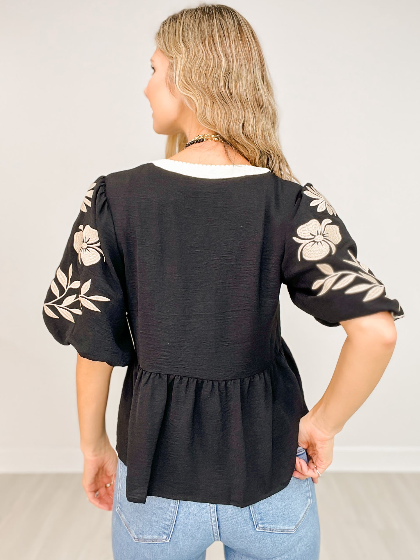 Solid Airflow Peplum Top with Puffed Embroidered 3/4 Sleeve