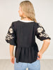 Solid Airflow Peplum Top with Puffed Embroidered 3/4 Sleeve