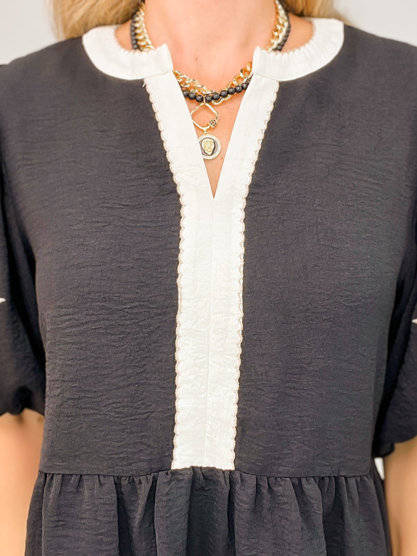 Solid Airflow Peplum Top with Puffed Embroidered 3/4 Sleeve