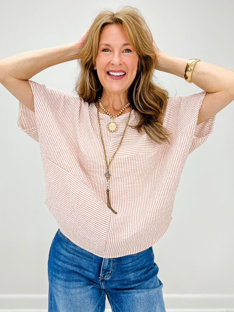 LIVE BOX: Relaxed Fit Patchwork Striped Dolman Sleeve Top