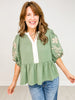 Solid Airflow Peplum Top with Puffed Embroidered 3/4 Sleeve