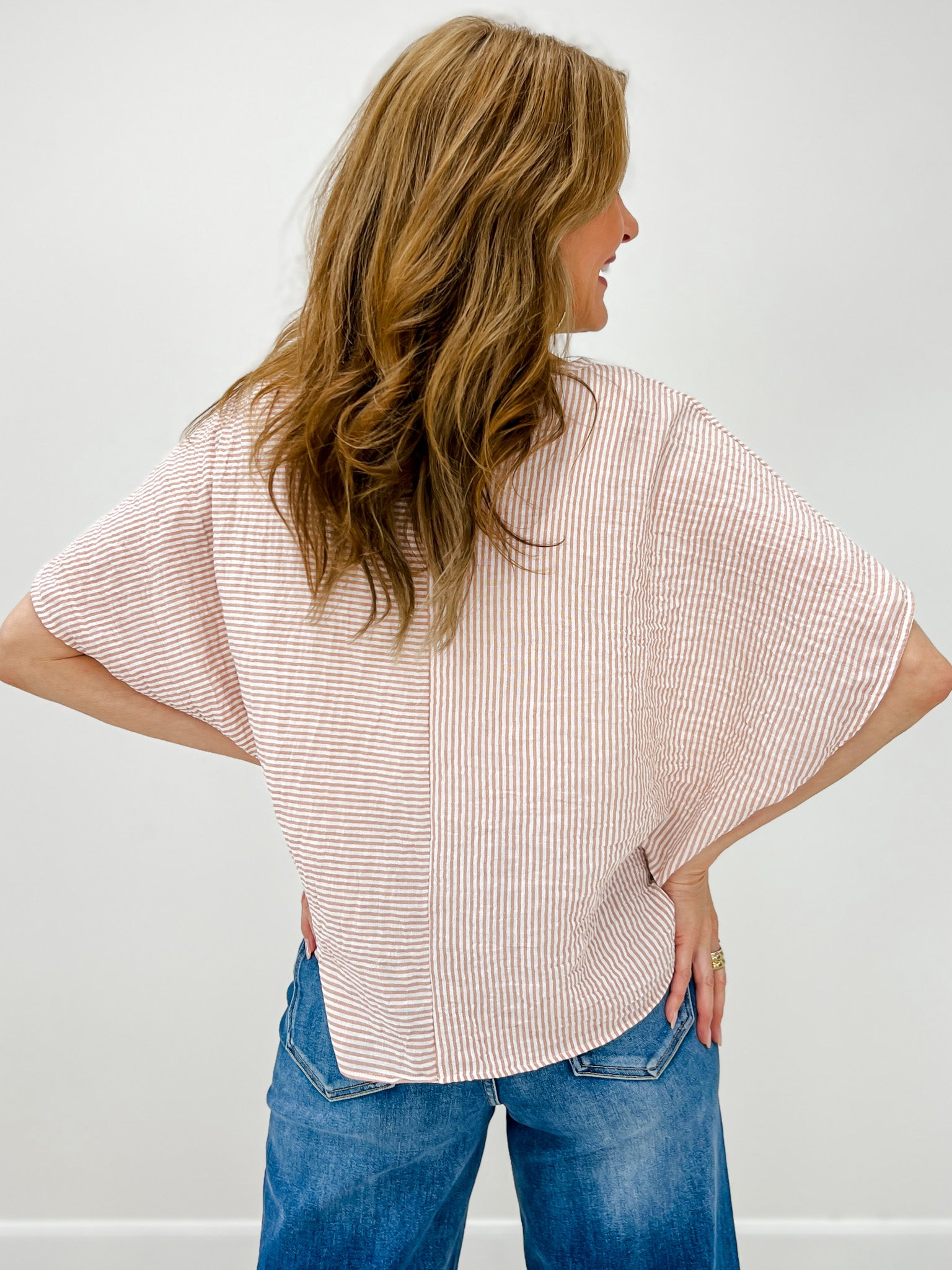 Relaxed Fit Patchwork Striped Dolman Sleeve Top