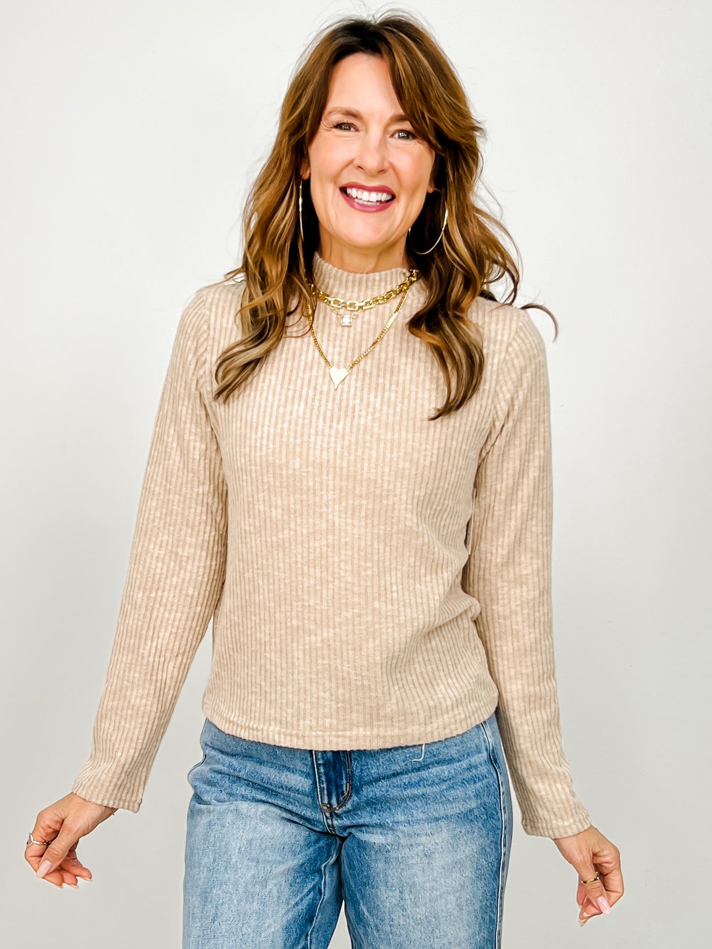 Brushed Rib Mock Neck Long Sleeve Top