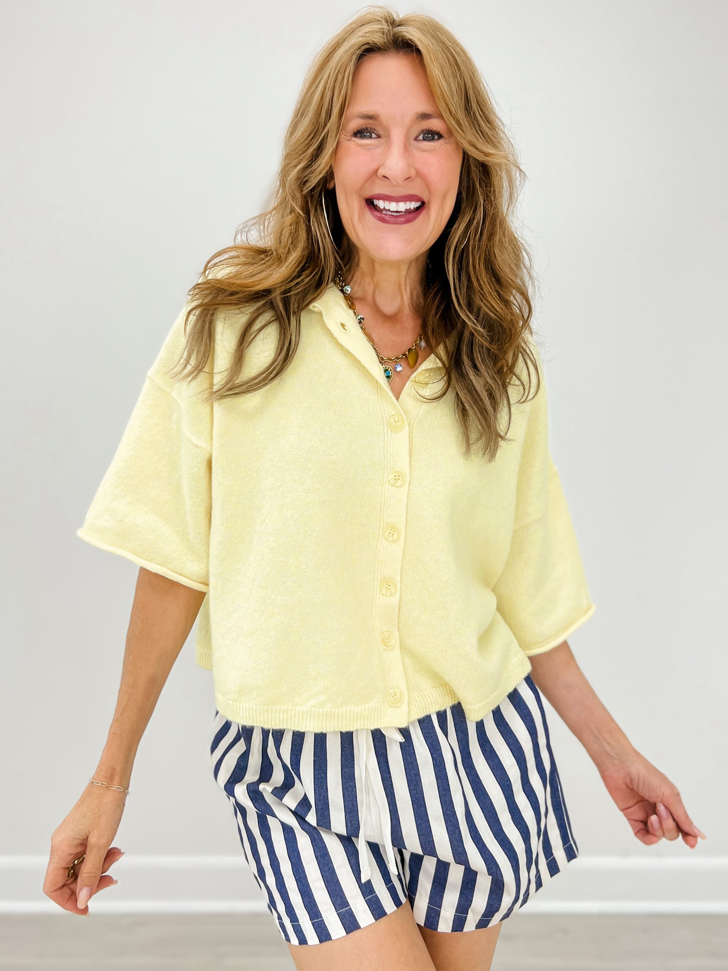 Raw Edge Short Sleeve Button Down Boxy Cardigan