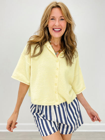 Raw Edge Short Sleeve Button Down Boxy Cardigan