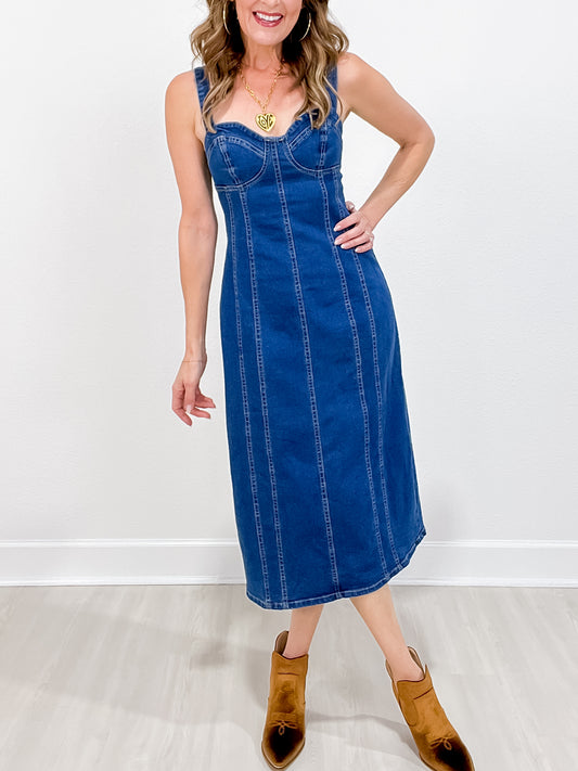 Dark Wash Corset Sleeveless Strap Stretch Denim Dress