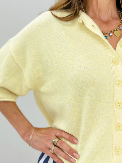 Raw Edge Short Sleeve Button Down Boxy Cardigan