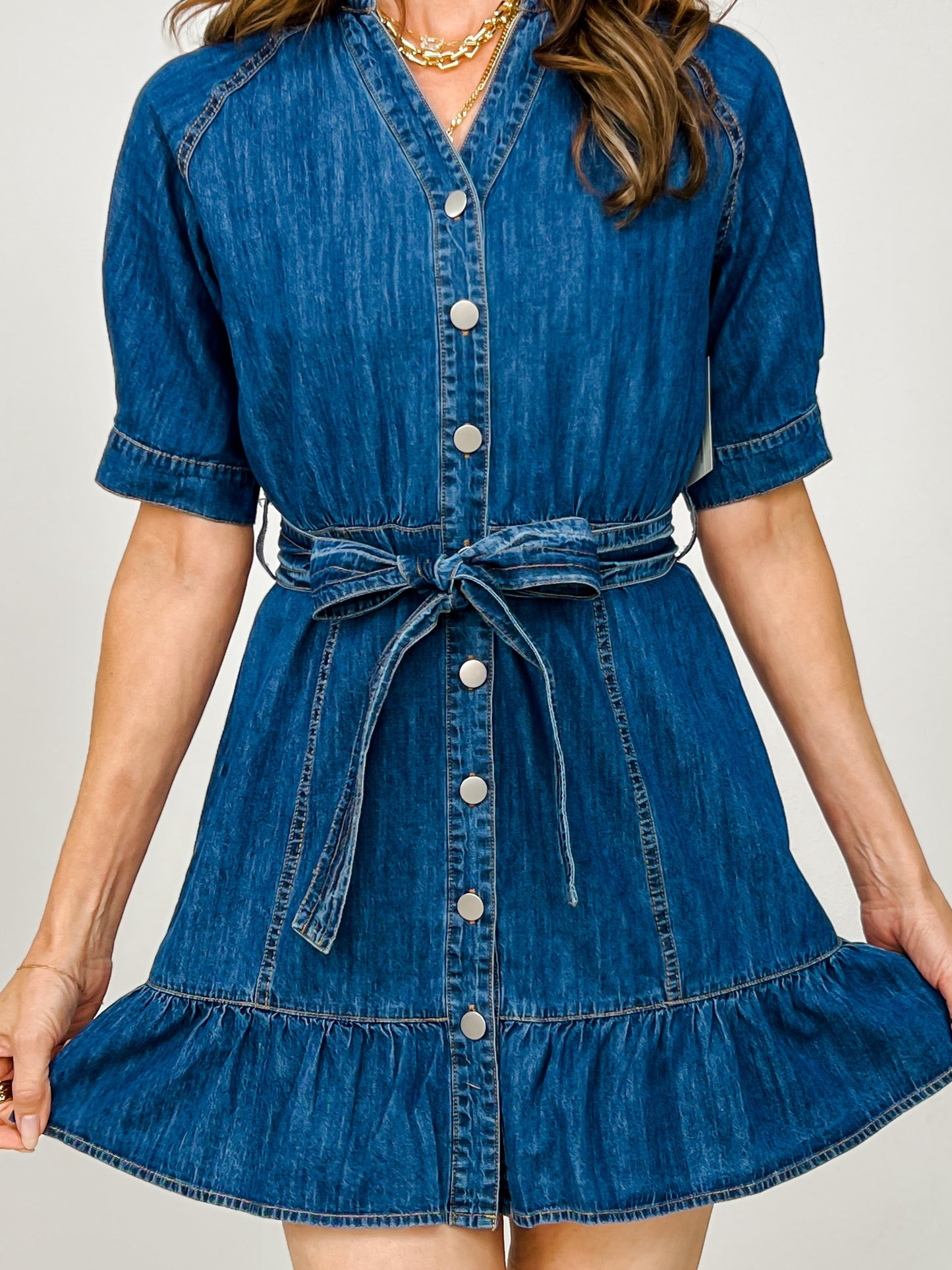 Denim Button Up V Neck Half Sleeve Mini Dress
