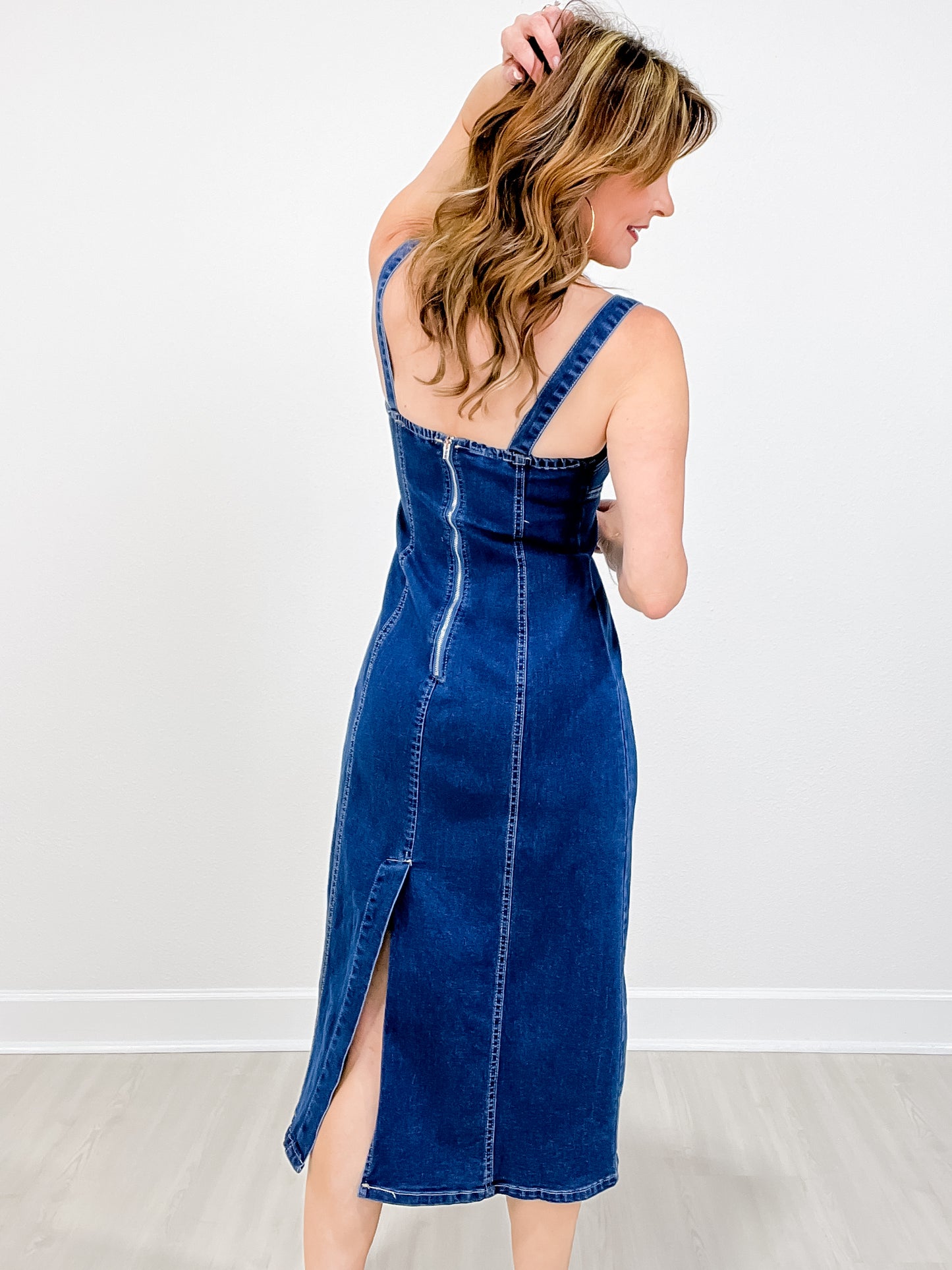 Dark Wash Corset Sleeveless Strap Stretch Denim Dress