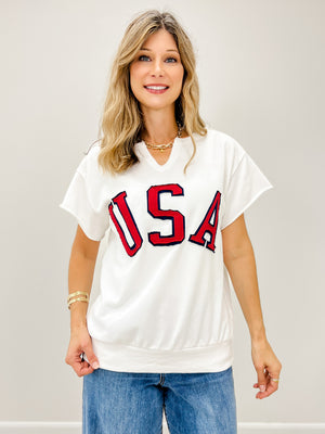 USA Short Sleeve Sweatshirt With V-Neck