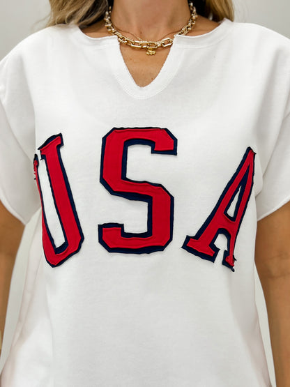 USA Short Sleeve Sweatshirt With V-Neck