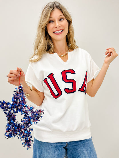 USA Short Sleeve Sweatshirt With V-Neck