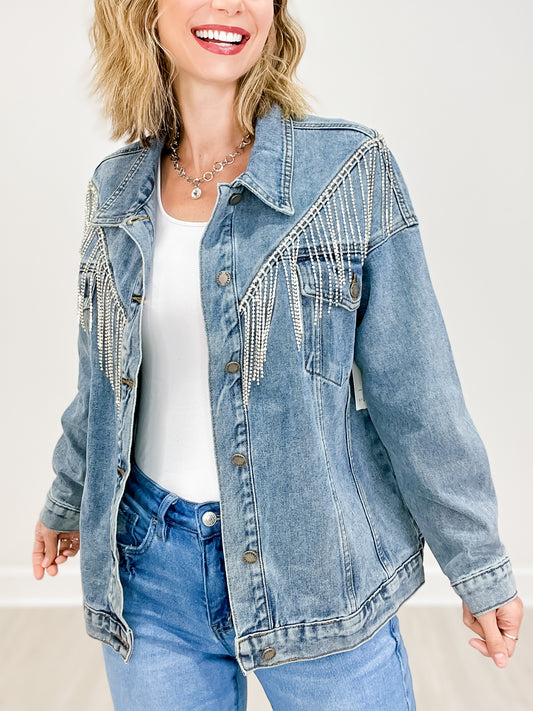 Rhinestone Fringe Oversized Denim Jacket