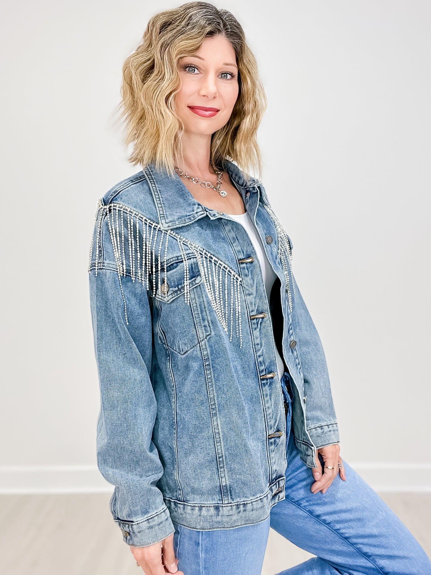 Rhinestone Fringe Oversized Denim Jacket