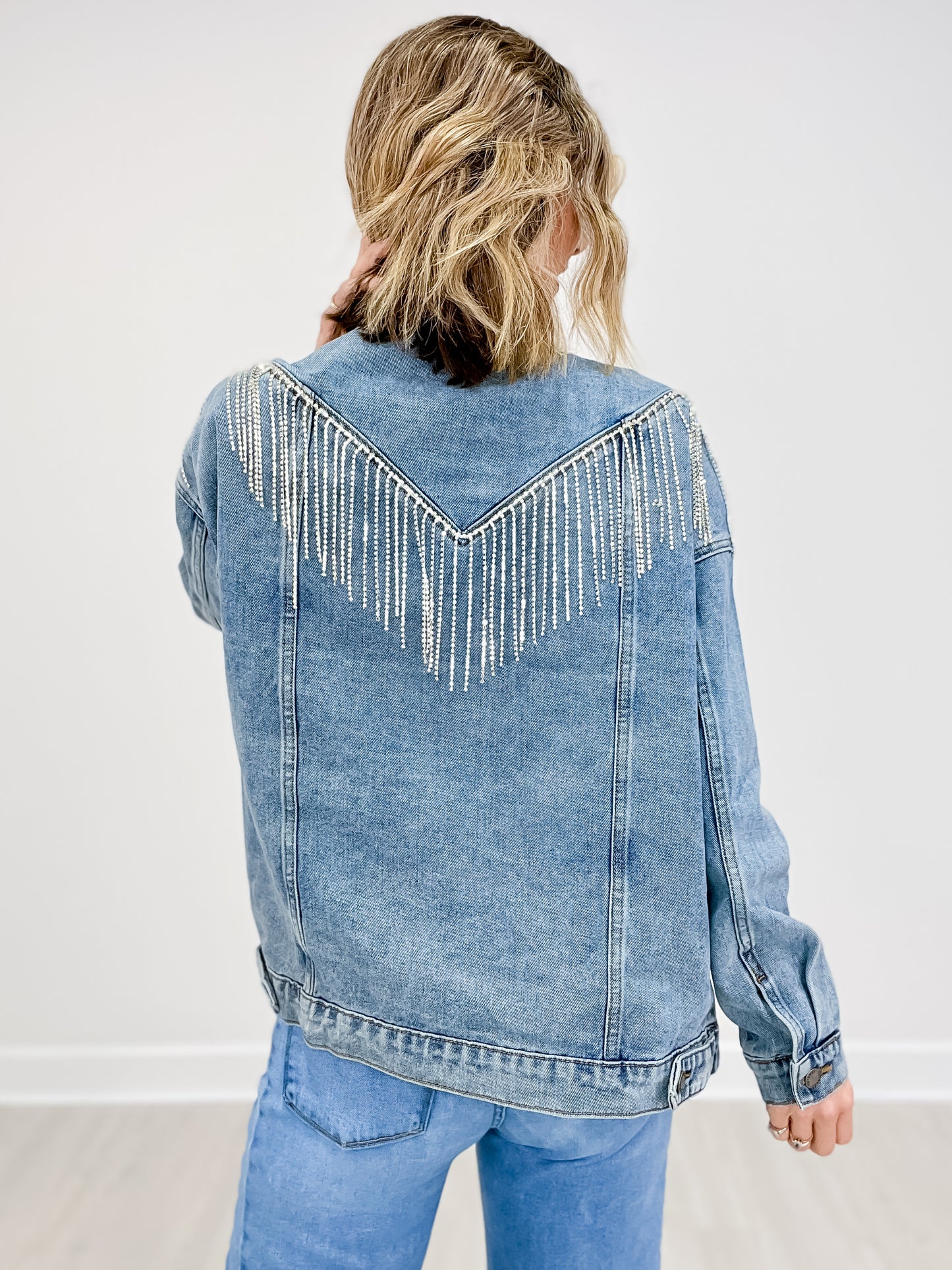 Rhinestone Fringe Oversized Denim Jacket