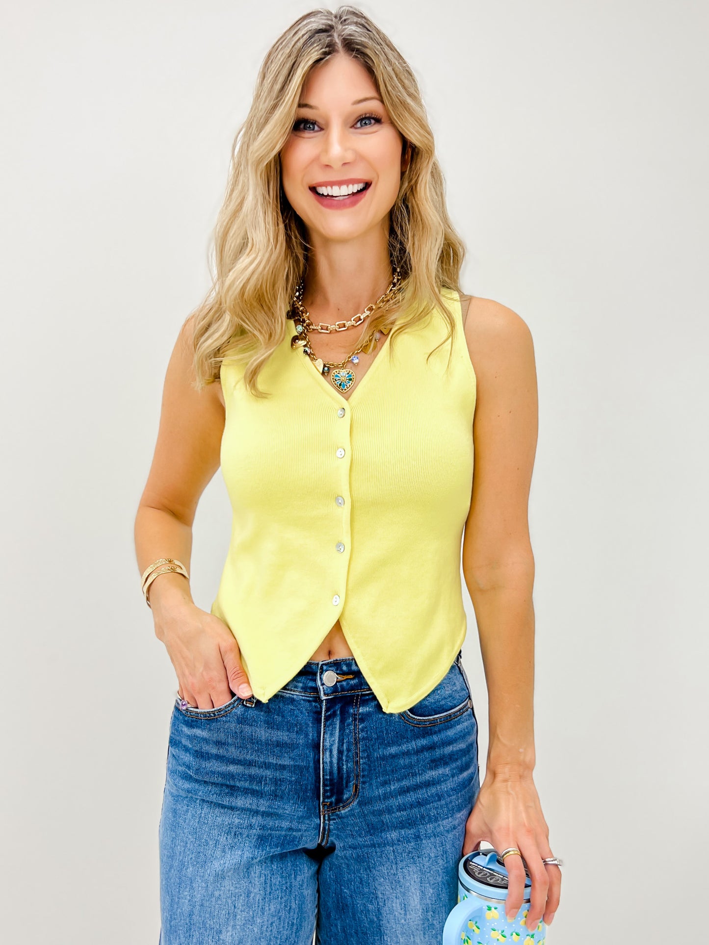 Knit Sleeveless V-Neck Button Down Vest