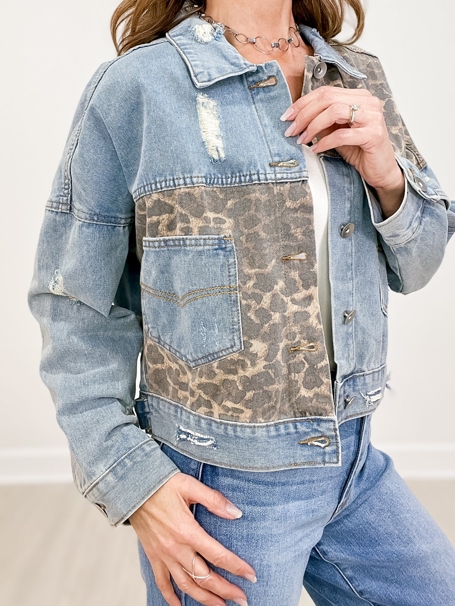 Leopard Panel Patch Button Down Pocket Distressed Denim Jacket