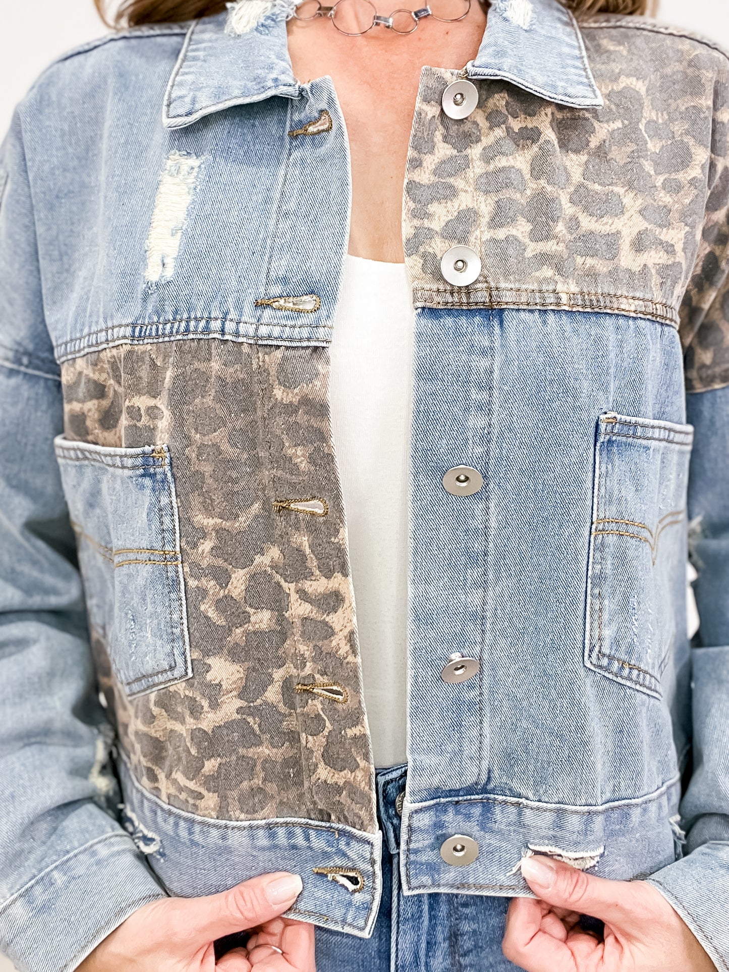 Leopard Panel Patch Button Down Pocket Distressed Denim Jacket